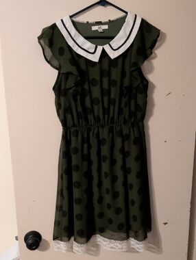 Ya Los Angeles Olive Green Polka Dot Midi Dress with White Collar